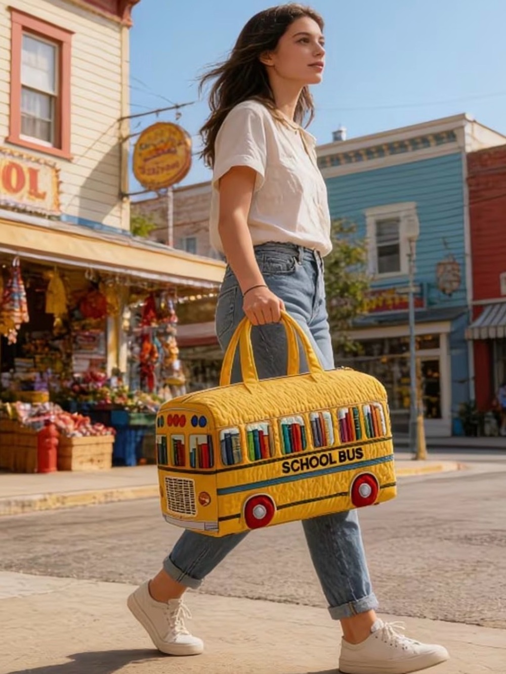 SCHOOL BUS NOVELTY LARGE CAPACITY TRAVEL TOTE DUFFEL BAG